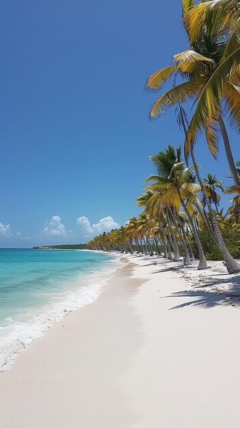 a beach with palm trees and a blue sky