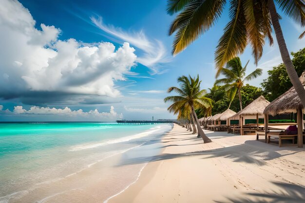 A beach with palm trees and a blue sky