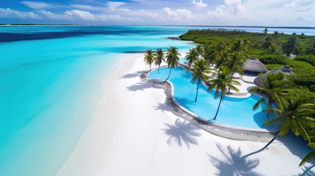 a beach with palm trees and a blue water pool