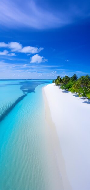 A beach with palm trees and blue water