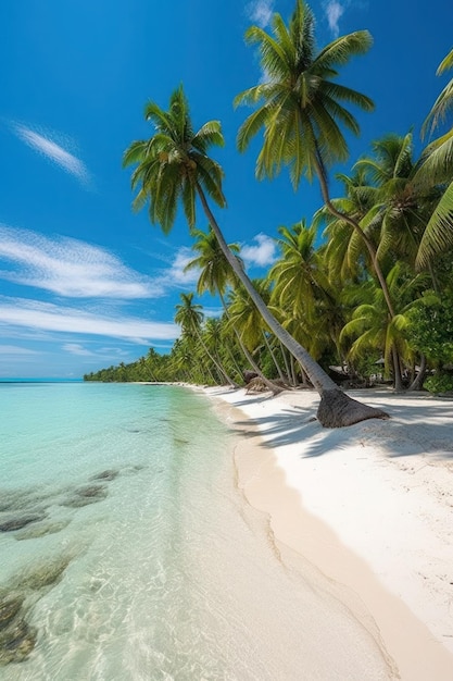 A beach with palm trees and blue water