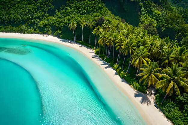 a beach with palm trees and a blue water