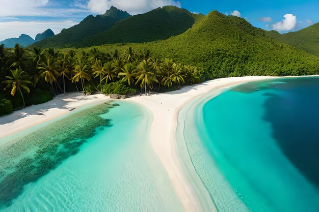 A beach with palm trees and a blue water