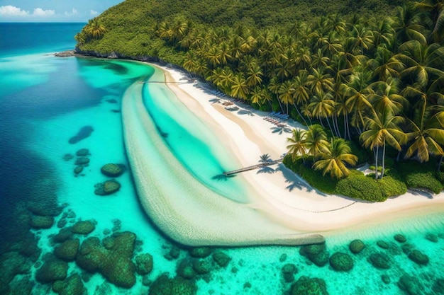 a beach with palm trees and a boat in the water