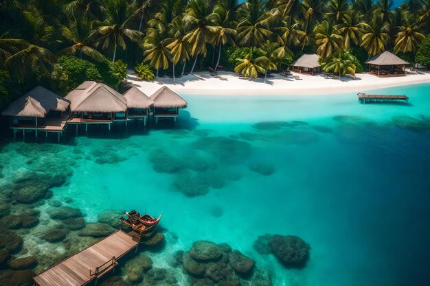 Photo a beach with palm trees and boats on the water