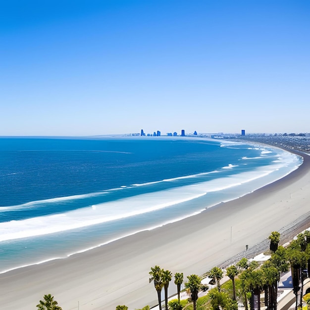 Photo a beach with palm trees and a building in the background