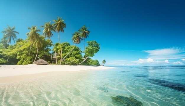 A beach with palm trees and a clear blue ocean