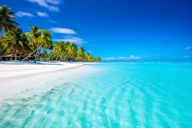 A beach with palm trees and clear blue water