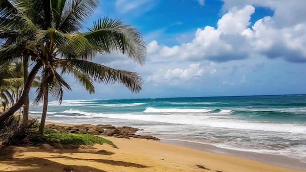 A beach with palm trees and a cloudy sky