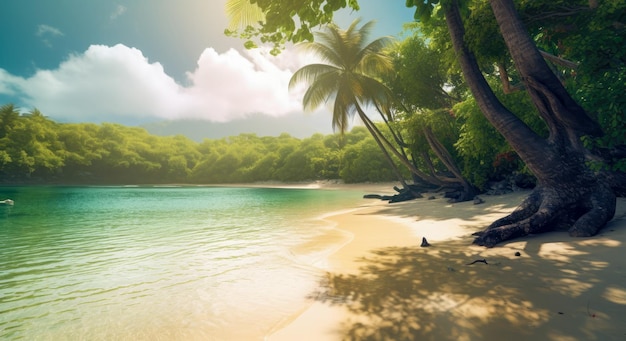 A beach with palm trees and a cloudy sky