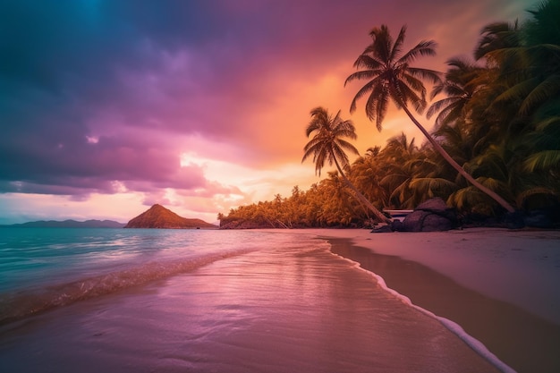 A beach with palm trees and a colorful sky