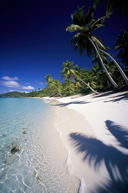 A beach with palm trees on it and the ocean in the background.