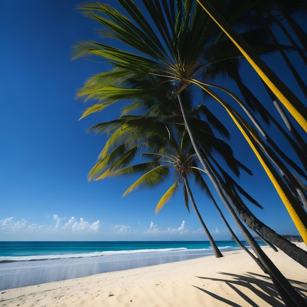 A beach with palm trees on it and the ocean in the background