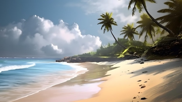 A beach with palm trees on it and the sky is blue and cloudy.