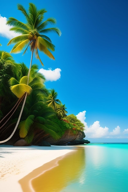 A beach with palm trees on it and the sky is blue and white.