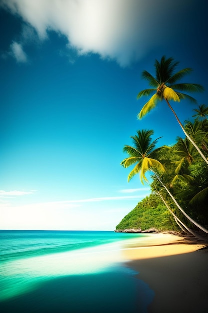 A beach with palm trees on it and the sky is blue and white.