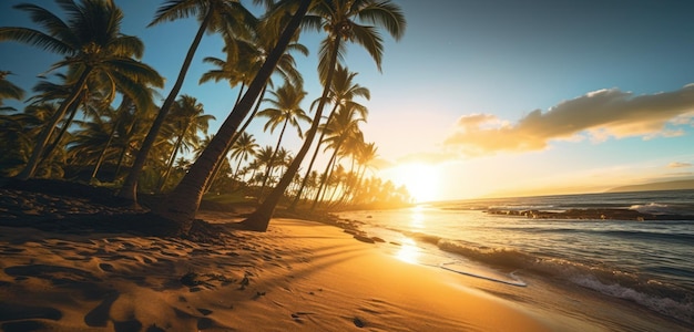 A beach with palm trees on it and the sun setting behind it.