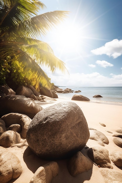 A beach with palm trees and a large rock on it