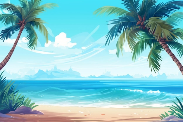 Beach with palm trees and mountains illustration