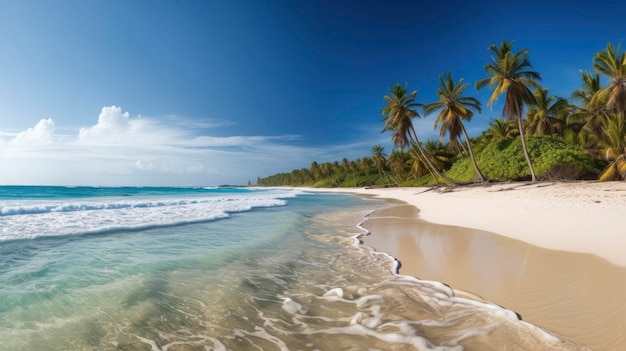 A beach with palm trees and the ocean in the background