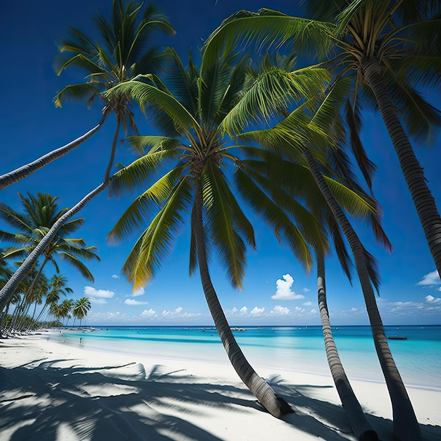 A beach with palm trees and the ocean in the background