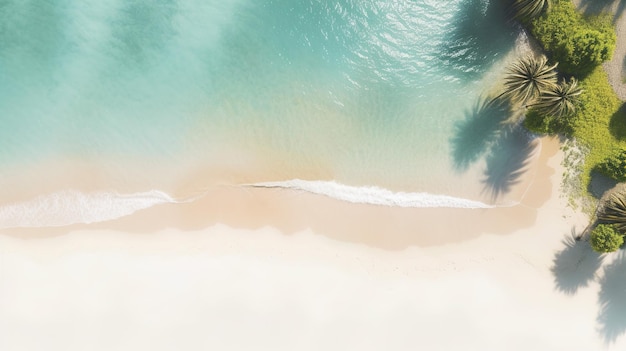 A beach with palm trees and the ocean in the background