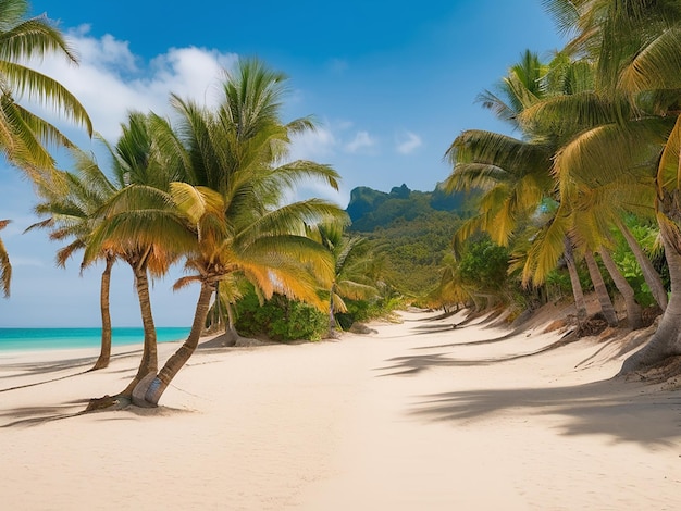 A beach with palm trees and a path leading to the ocean