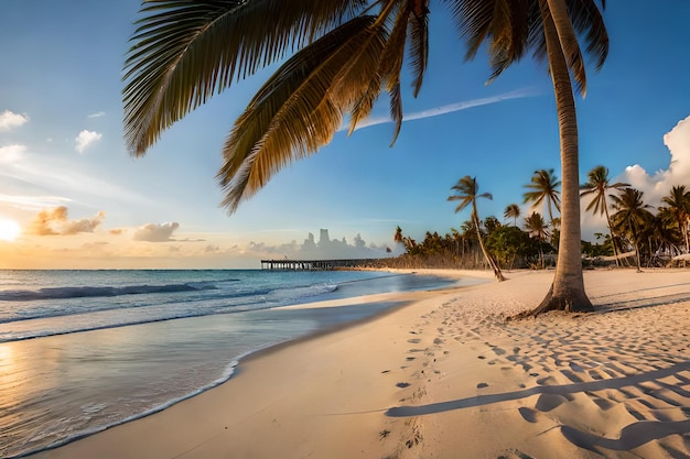 a beach with palm trees and a pier in the background