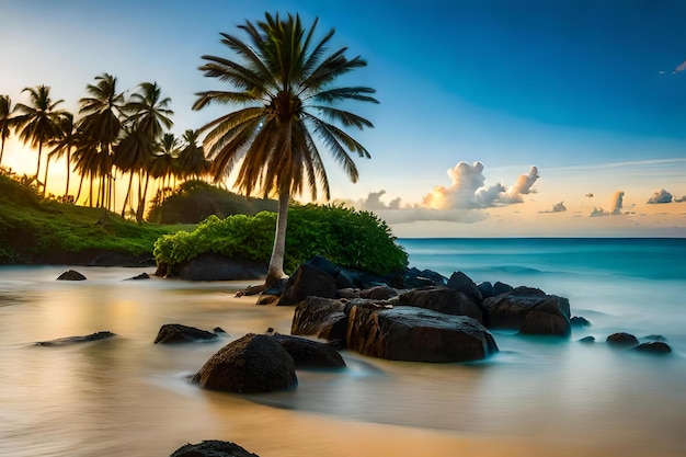 A beach with palm trees and rocks in the foreground with a sunset in the background