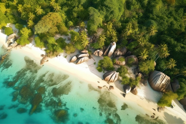 Пляж с пальмами и скалами на сейшельских островах