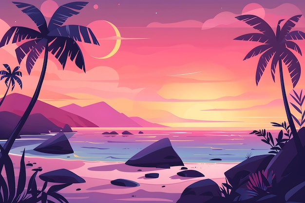 Beach with palm trees and rocks on the shore sunset