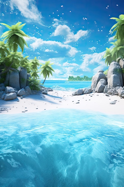 a beach with palm trees and rocks