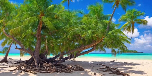 A beach with palm trees and the sea in the background