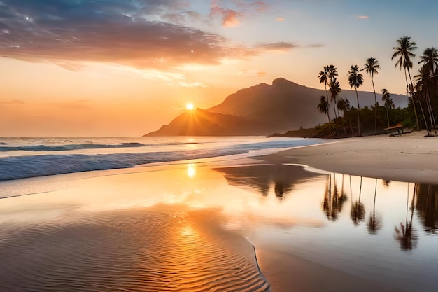 A beach with palm trees and the sun setting over the ocean