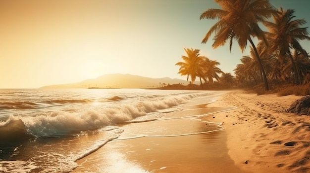 A beach with palm trees and the sun setting