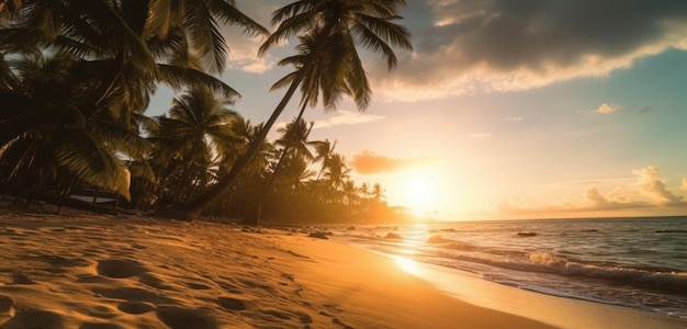 A beach with palm trees and the sun setting