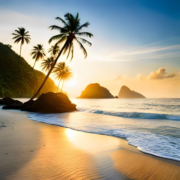 A beach with palm trees and the sun setting