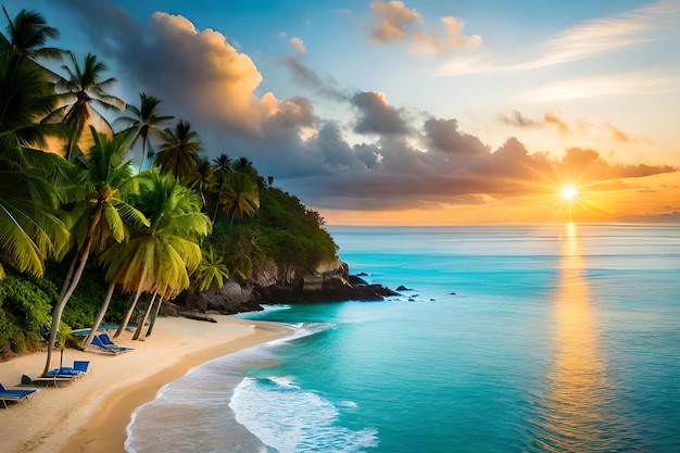 A beach with palm trees and the sun setting