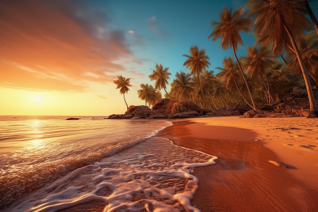 A beach with palm trees and the sun setting