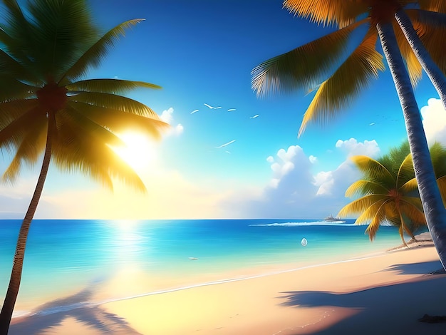 A beach with palm trees and the sun shining on it