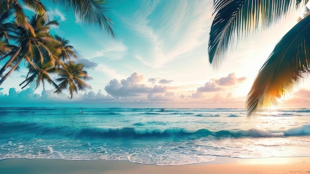 A beach with palm trees and the sun shining on it