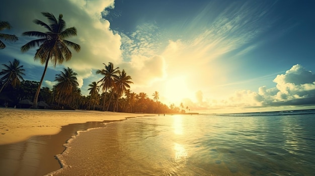 A beach with palm trees and the sun shining on it