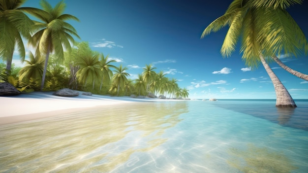 A beach with palm trees and the sun shining on it