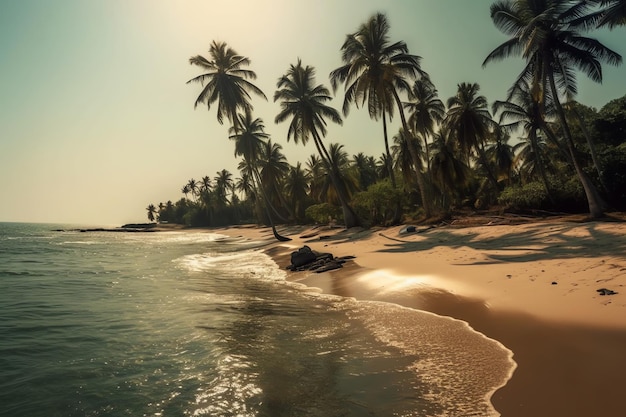 A beach with palm trees and the sun shining on it
