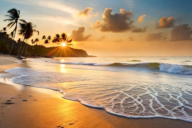 Пляж с пальмами и солнцем, сияющим сквозь облака