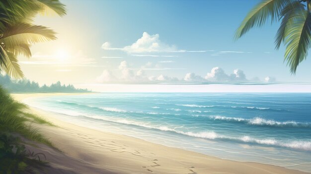 A beach with palm trees and the sun