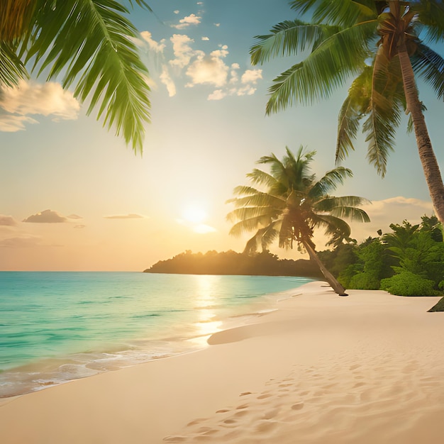 a beach with palm trees and a sunset in the background