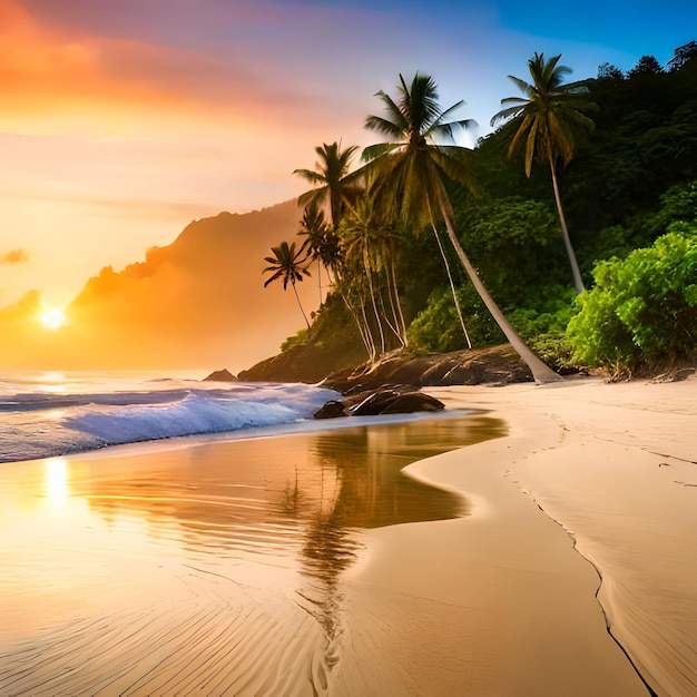 A beach with palm trees and a sunset in the background