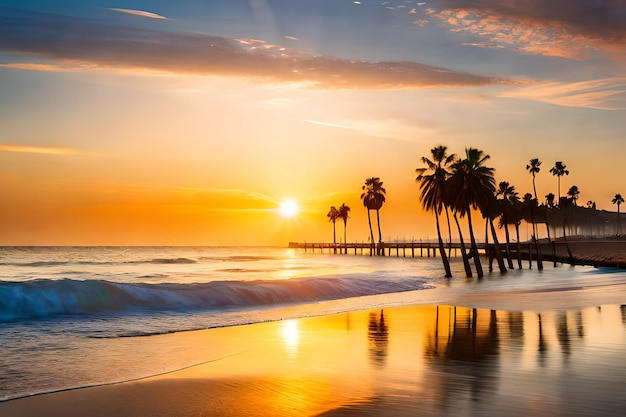 Пляж с пальмами и закатом на заднем плане