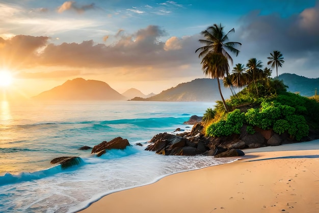 A beach with palm trees and a sunset in the background